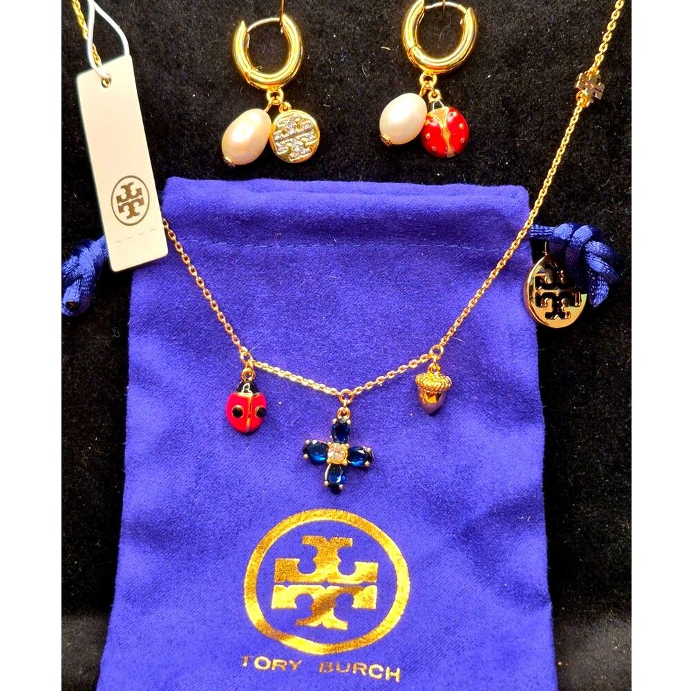Tory Burch Lady Bug acorne flower pearl Logo Necklace Earring Set